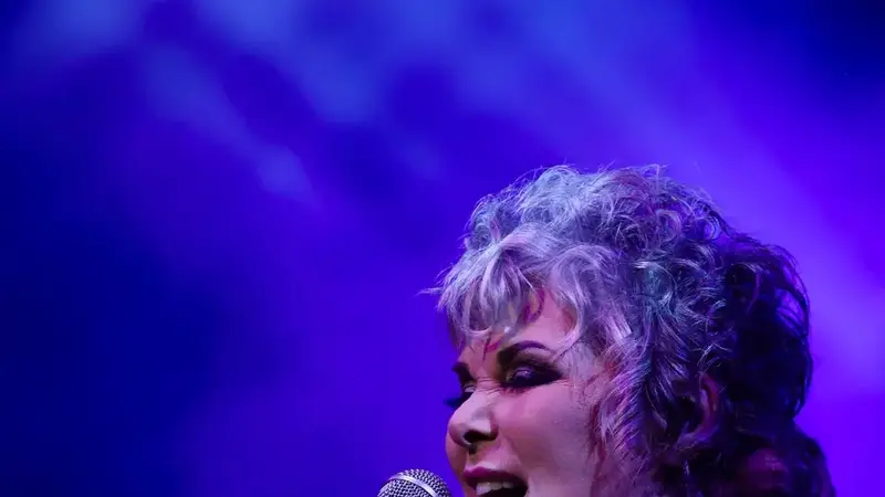 Ann Wilson singing on stage in blue light, wearing a fur scarf and black gloves