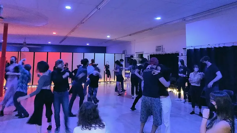 Couples dance in a close embrace at an evening fusion dance in a studio lit with red and purple light