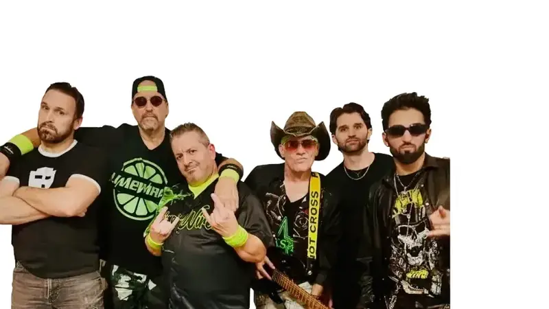 The six members of Limewired posing together in rock T-shirts, some in sunglasses, one holding a bass guitar