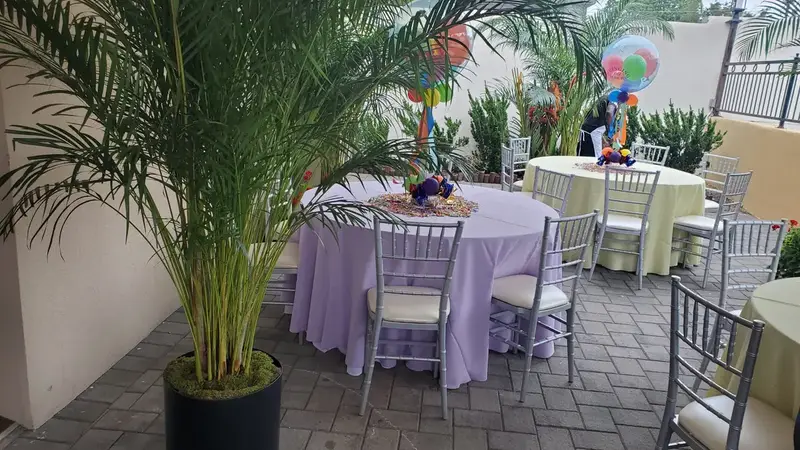 Mirelle's outdoor courtyard with palm plants, round tables with pastel tablecloths and silver chairs on a brick patio