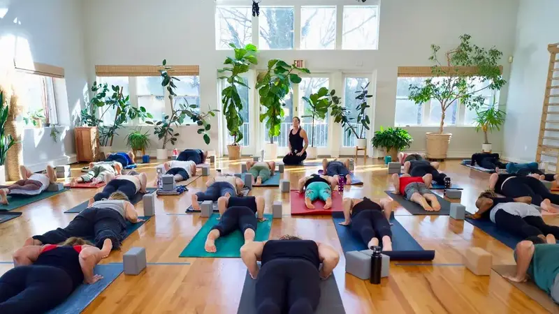 A full yoga class lying on mats in rows across the bright studio floor