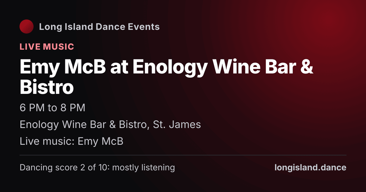 Emy McB at Enology Wine Bar & Bistro. Thursday, November 12, 2026, 6:00 PM to 8:00 PM. Enology Wine Bar & Bistro, St. James.